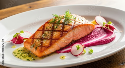 Grilled Salmon Fillet with Beet Puree, Radishes, and Dill on Whi