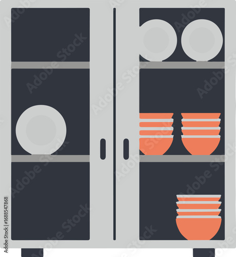 Grey cabinet with plates and bowls on shelves. Suitable for kitchen, dining themes, home organization, interior design, and storage concepts.