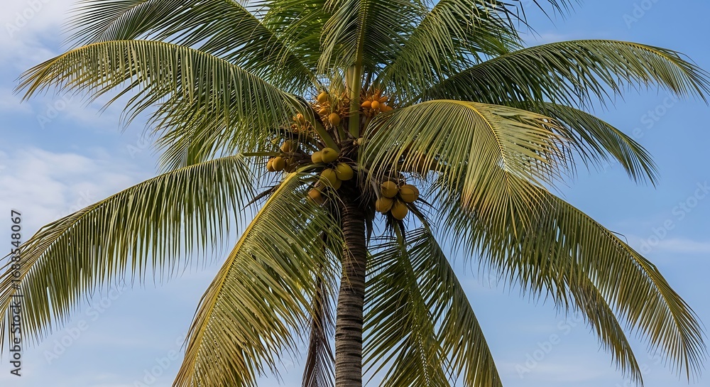 Fototapeta premium Tropical palm tree with coconuts under blue sky
