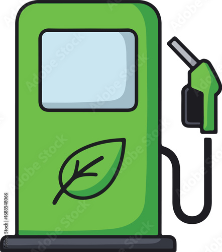 Green gas pump with a leaf signifying ecofriendly fuel, perfect for articles, flyers, and presentations on sustainable transportation and fuel alternatives.