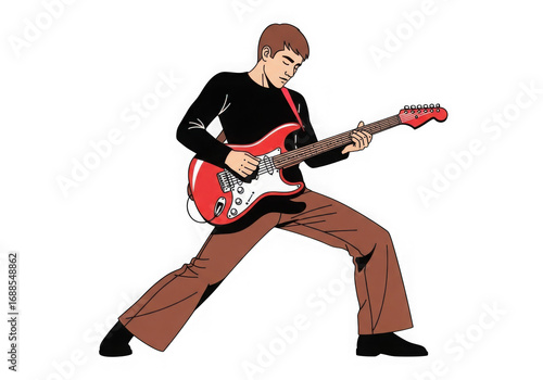 Dynamic male guitarist performing energetic solo with red electric guitar on stage transparent background