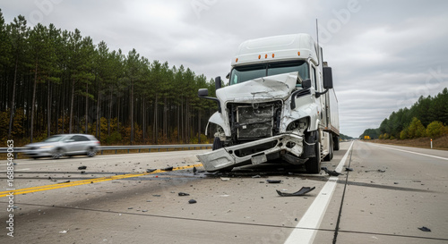 Damaged white semi truck after a road accident on highway. Broken vehicle on roadside, concept for insurance claim and roadside assistance.