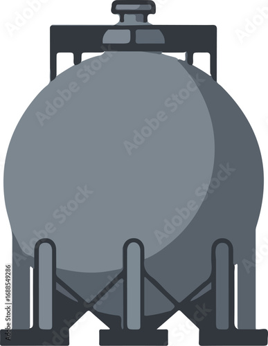 Large spherical tank supported by metal. Industrial storage container for liquids or gases. Suitable for engineering, industrial, or manufacturing concepts.