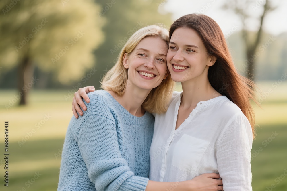 Fototapeta premium Joyful friends are enjoying a warm moment in nature, surrounded by vibrant greenery and bright sunshine