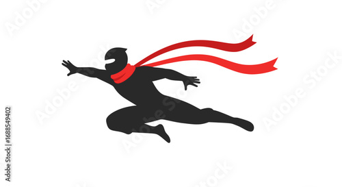 Dynamic black ninja silhouette leaping through the air with a long, flowing red scarf.
