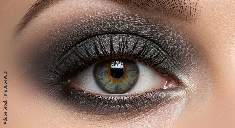 Obraz premium A high-detail, professional close-up photograph of a female eye with perfectly blended slate gray eyeshadow, showcasing professional makeup artistry. 