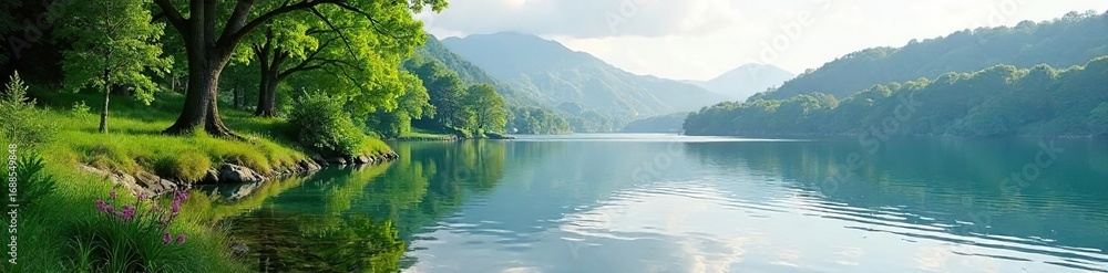 Fototapeta premium Serene lakeside scene, perfect for relaxation and escape Tranquil water, lush greenery, and peaceful atmosphere ideal for leisure time Enjoy the calm and quiet of nature , healing, getaway, serene