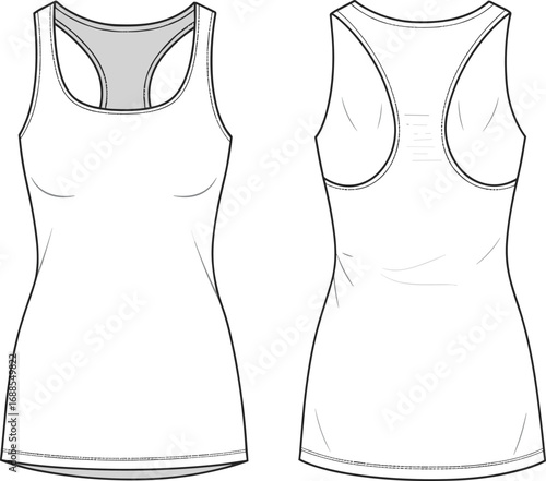 CAD drawing flat vector illustration of women's activewear tank top, front and back view technical fashion sketch for apparel design