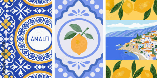 Amalfi coast collage with lemons and traditional blue and white tiles