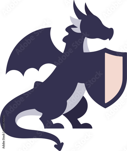 Dark dragon holding shield is suitable for fantasy projects, gaming designs, and mythical illustrations for books, covers, and merchandise.