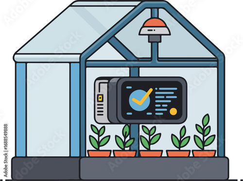Smart greenhouse featuring plants monitoring system with a green checkmark screen. Perfect for agricultural technology concepts, sustainable farming pieces.
