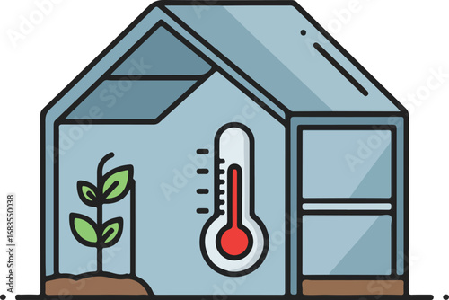 Greenhouse with a plant and a thermometer for gardening blogs, articles, websites, or posters about indoor gardening and temperature control.