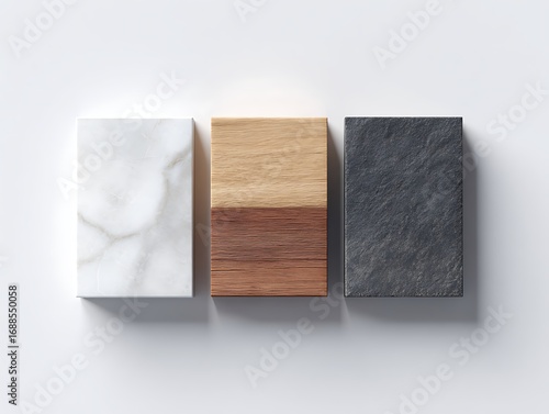Smooth marble, cherry wood, and slate stone neatly aligned on white