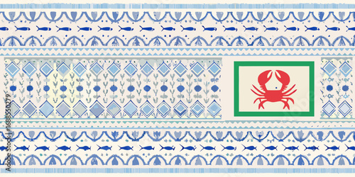 Seamless blue and white nautical border pattern with red crab emblem and fish motifs