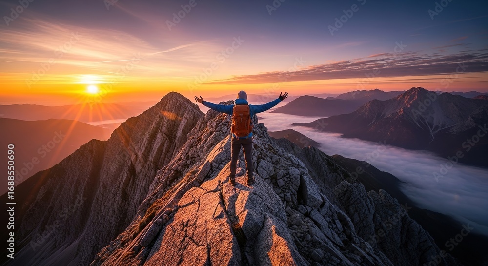 Obraz premium Majestic Sunrise View from Mountain Peak with Hiker