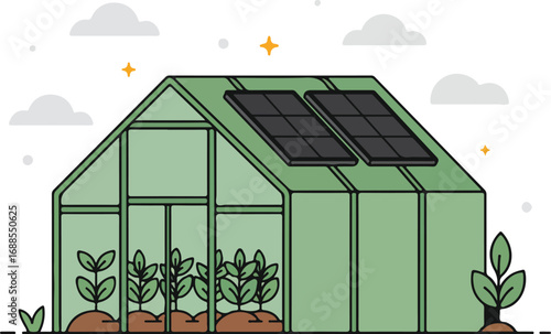 Green solar powered greenhouse with plants, radiant under fluffy clouds. Suitable for environmental or sustainable living concepts.