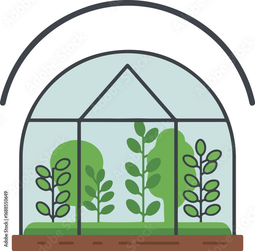 Terrarium with enclosed plants and geometric lines, perfect for nature or interior design concepts in a modern and artistic style.