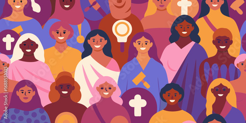 Diverse group of women celebrating unity and empowerment in a vibrant community illustration