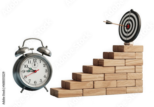 Time management and goal achievement illustrated with alarm clock and dartboard on stairs transparent background