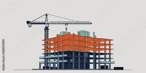 Building under construction illustration featuring a crane and building framework