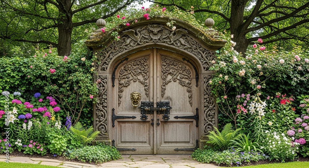 Fototapeta premium Ornate Carved Wooden Garden Gate Surrounded by Blooming Roses an