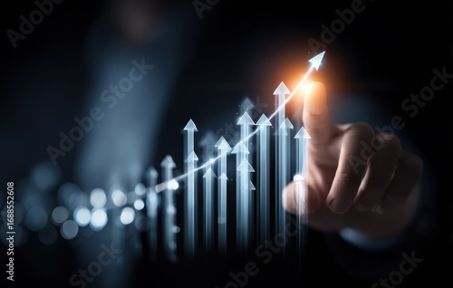 Person touches a glowing, upward trending graph line composed of rising arrows, symbolizing growth and progress in a modern, technological style
