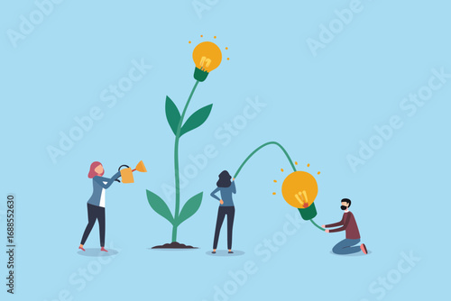 Teamwork and collaboration nurturing a growing plant with lightbulb ideas and innovation development