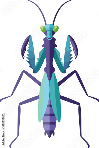 Blue and purple praying mantis, perfect for naturerelated designs, educational materials, insect enthusiasts, and vibrant colorthemed projects.