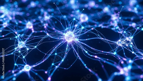 Abstract glowing neural network with futuristic light connections, holographic visualization symbolizing artificial intelligence data processing, deep learning, and machine intelligence.