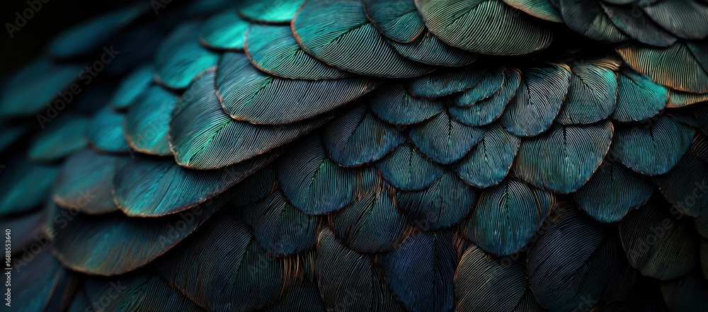 Obraz premium Close-up of deep teal-colored feathers, densely packed and overlapping