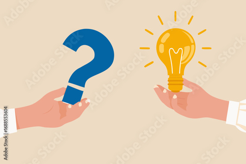 Two hands offering a question mark and a glowing lightbulb representing problem solving and innovation