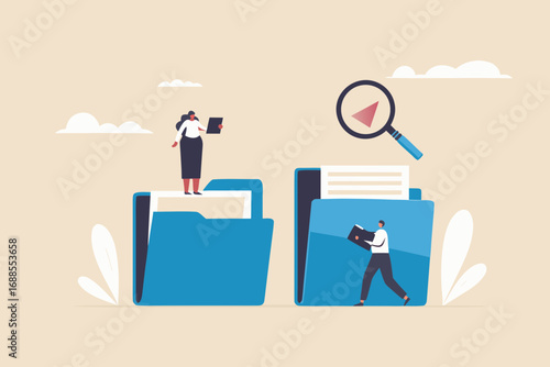 Business professionals organizing and searching through large blue file folders with a magnifying glass overhead