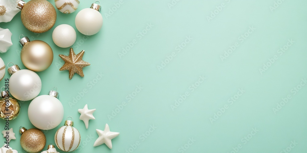 Fototapeta premium Soft Mint Green Background with White and Gold Christmas Ornaments and Space for Holiday Message