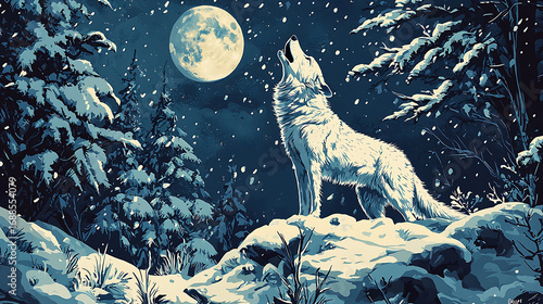A wolf howls at the moon in a snowy forest