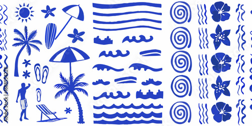 Vibrant blue summer beach elements and tropical motifs arranged in a playful pattern