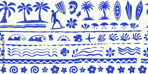 Collection of blue tropical beach and surf icons and patterns on a light background
