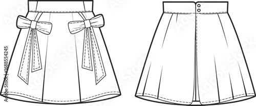 Girls pleated skirt with bows, flat fashion sketch, cad vector drawing, front and back view, cute children clothing design.