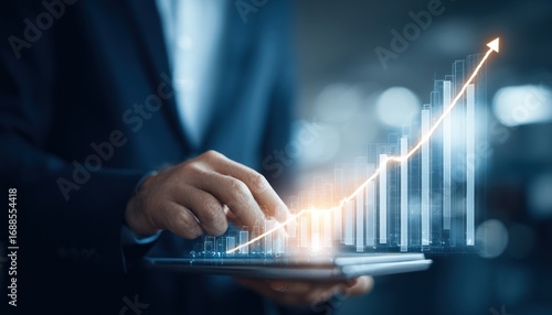 Hand interacts with rising bar graph, overlayed on tablet against a blurred background. Upward trend denoted by bright arrow symbolizes growth and success