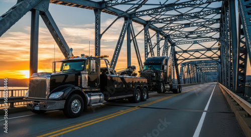 Black heavy duty wrecker towing a damaged semi truck on a metal bridge at sunset. Roadside assistance and recovery.