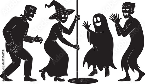 Halloween Characters Silhouettes Frankenstein Witch Ghost Vampire Vector Art Design