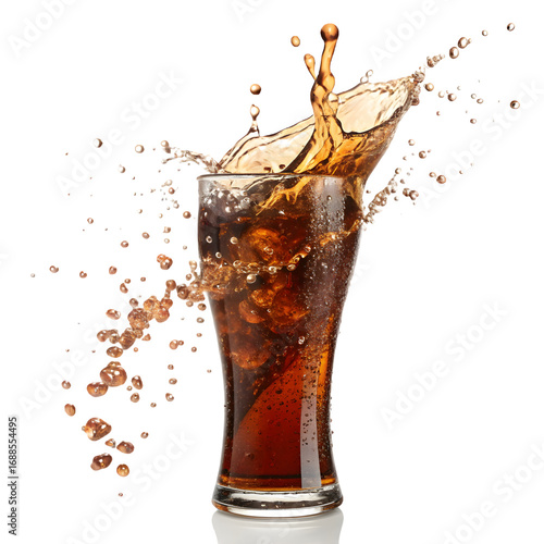 Refreshing cola drink with ice and a dynamic splash against a black background