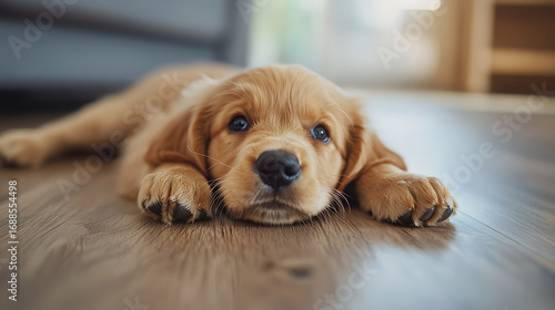 A brown dog is laying on the floor with its head down