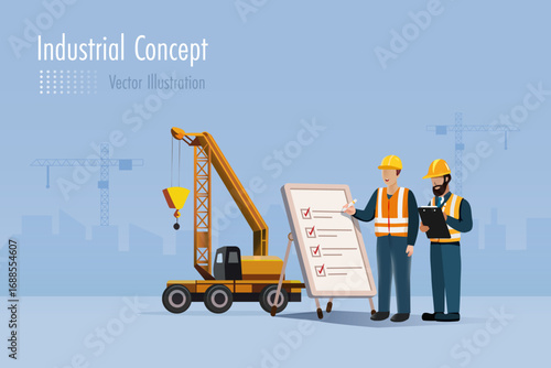 Industrial engineering write safety first check list on board, remind for safety regulations in workplace and construction site to prevent from accident. Vector.