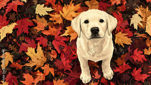 A dog is standing in a pile of autumn leaves