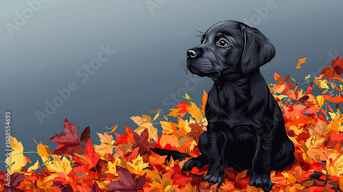 A black dog is sitting on a pile of yellow leaves