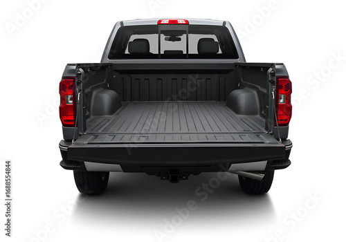 Rear view of grey pickup truck with open tailgate and empty bed on isolated transparent background