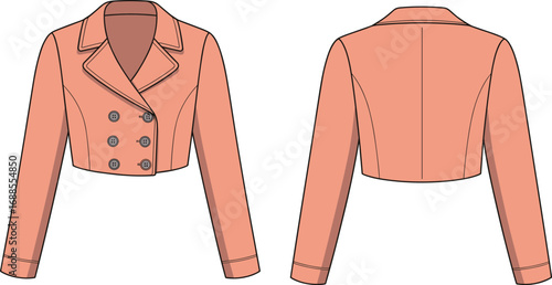 Women’s cropped blazer jacket fashion template, double breasted coat design, tailoring sewing pattern, stylish apparel cad drawing flat vector illustration