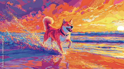 A dog is running on the beach with the sun setting in the background