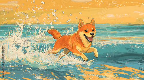 A dog is running in the ocean with its tongue out
