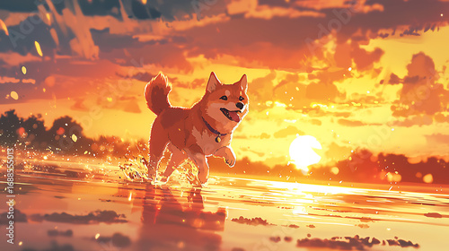 A dog is running in the water near the sun